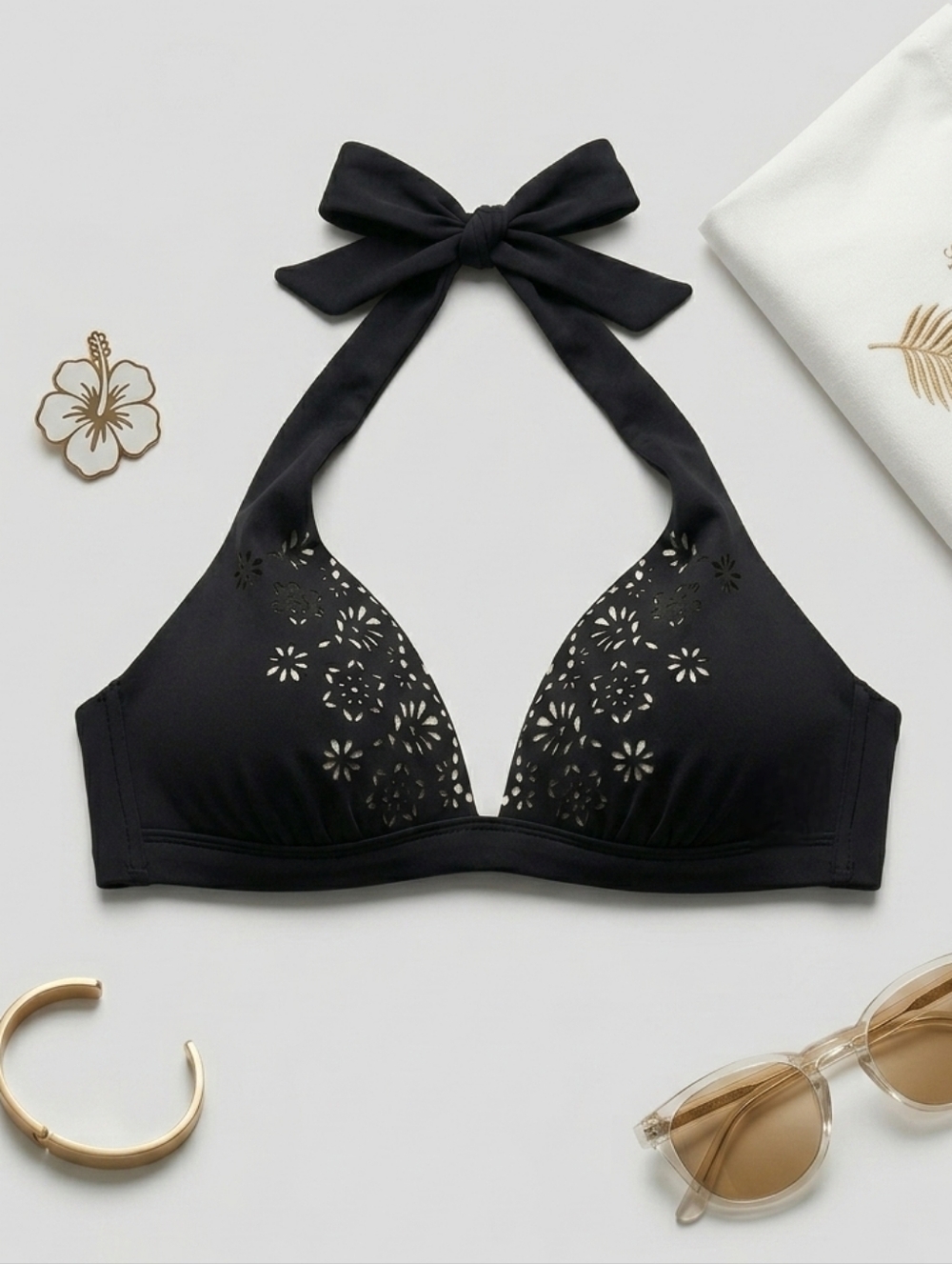 Liz Claiborne Black Laser Cut Eyelet Halter Bikini Top Size 8